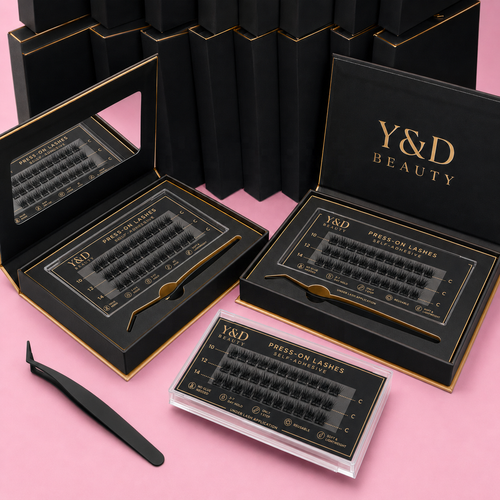 7-Day Wear Press on No Glue Clean Girl Style Custom Luxury Black Gold Box OEM Self Adhesive Korea Press on Lashes Cluster Kit
