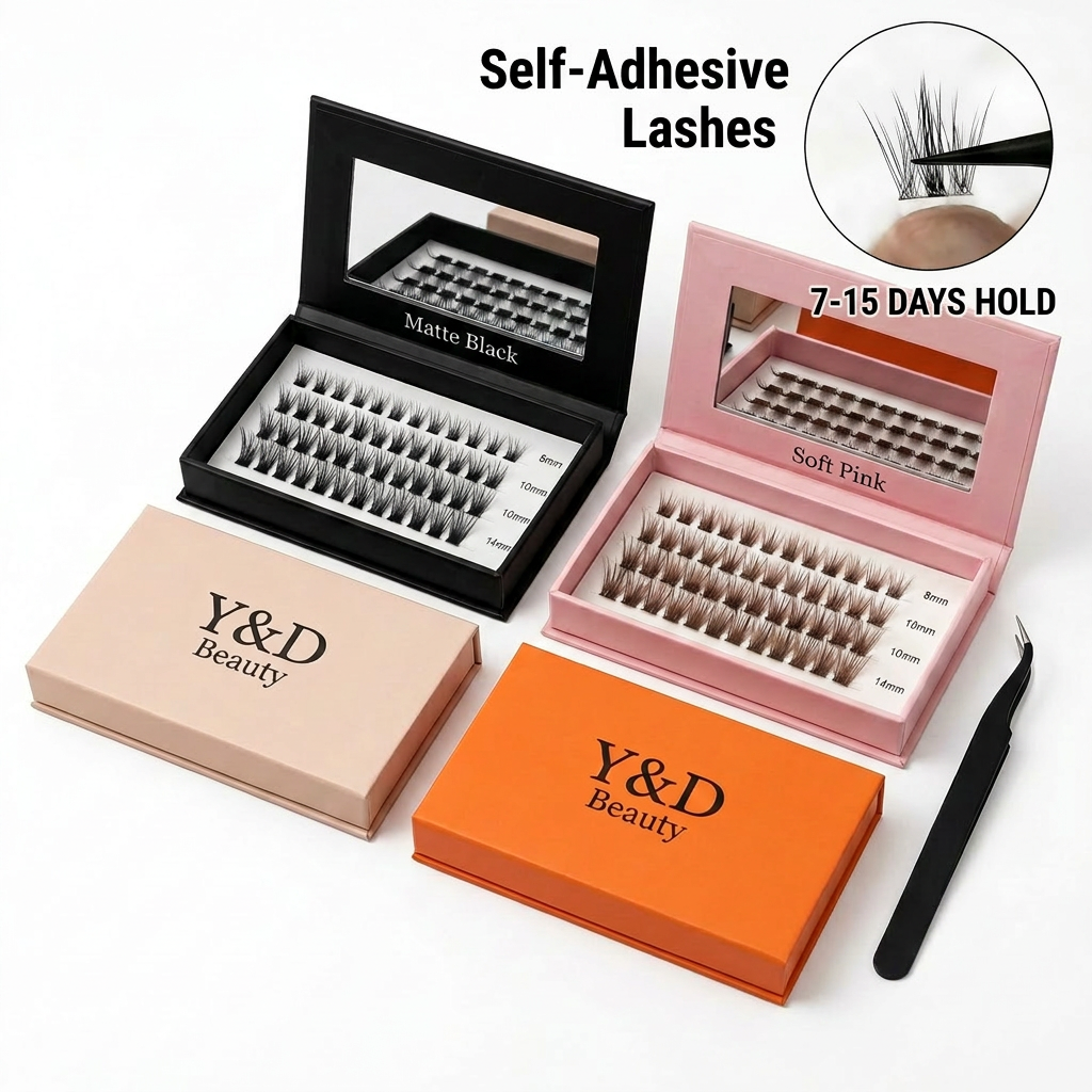 Factory Prices Handmade Mocha Brown Pre-glued No Glue Reusable Waterproof Synthetic Hair Eyelashes Clusters Custom Black Box