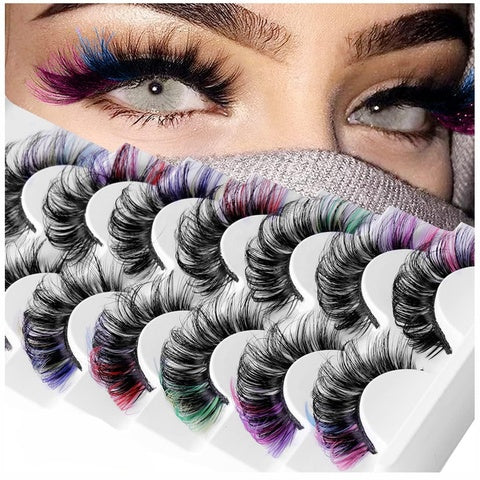 Festival Makeup Colored False Eyelashes Cat Eye Strip Lashes with Multi-Color Fluffy Wispy 3D Volume Fake Lashes ForCosplayParty