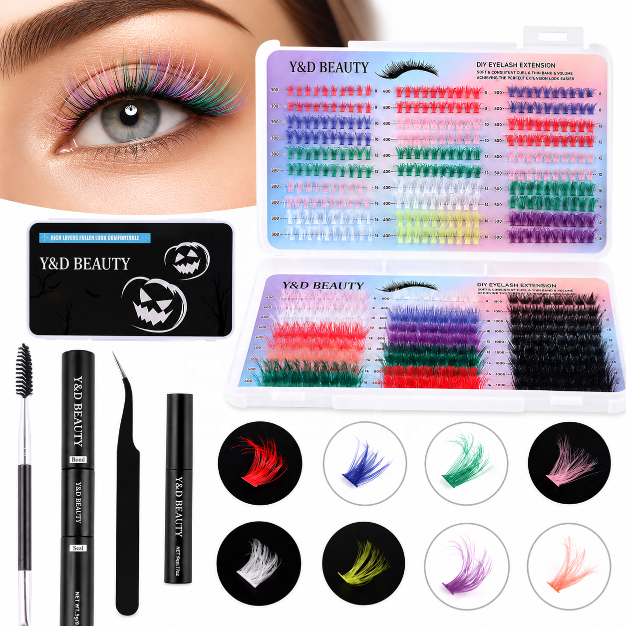 Halloween Wholesale Custom Diy Natural Soft Cluster Lashes 8 Colors Mixed Eyelashes Colorful Lash Clusters Kit LogoPrivate Laber