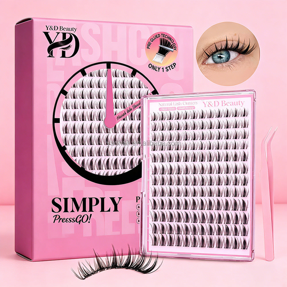 Korea Self-Adhesive 7-10 DaysPreglued Cluster Lashes Custom Logo Reusable No Glue Clear Band Pre-Glued Press-On 12 Rows Handmade