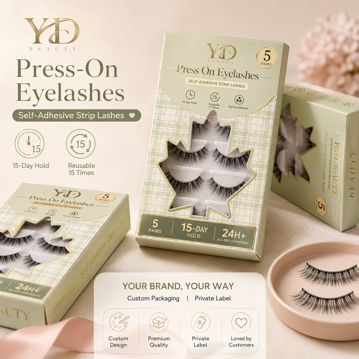 Pre Glued Heat Activated Natural Self Adhesive Strip Full Lashes Vegan 5 Pair Premium Lashes Tray Wholesale Customized Box logo