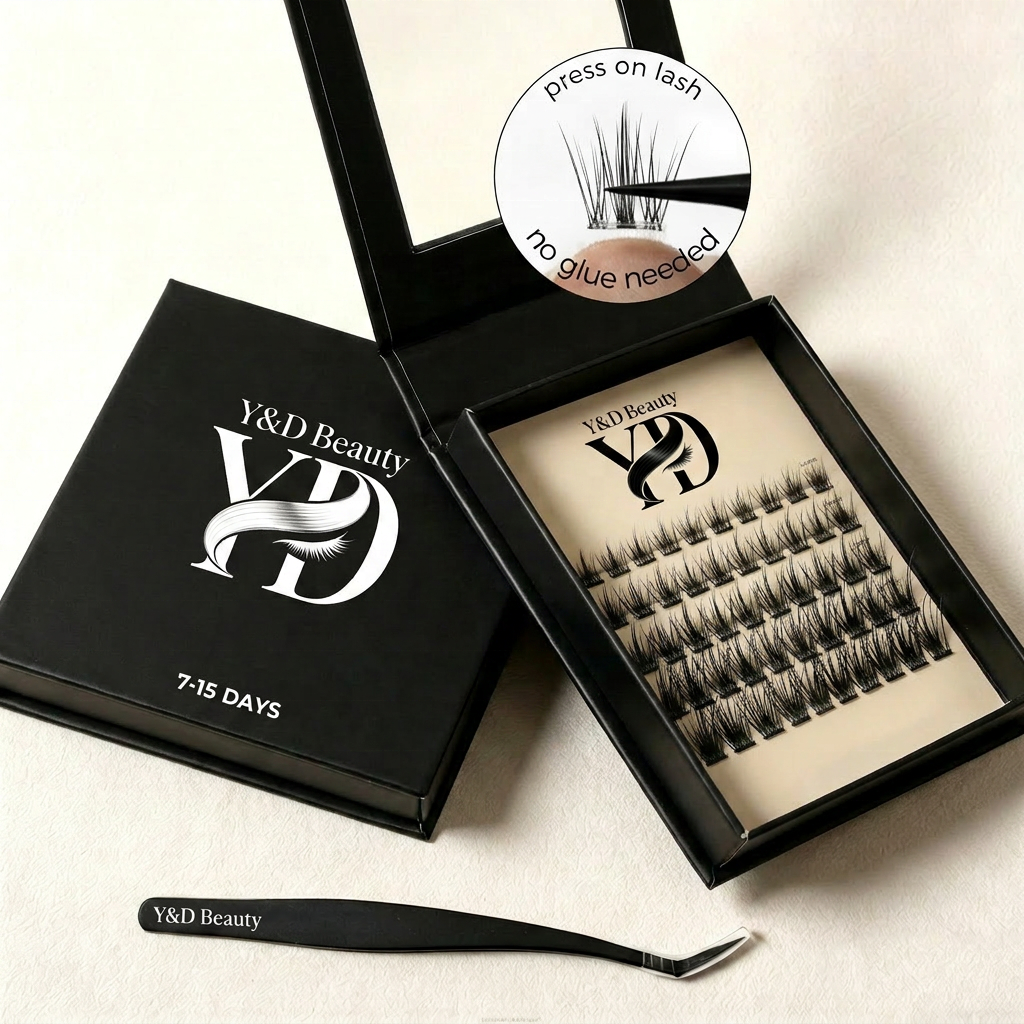 Private Label Brown Black Handmade Synthetic Hair Self Adhesive Clusters Custom Logo Wispy Long Lasting 7days Press Lash 12 Rows