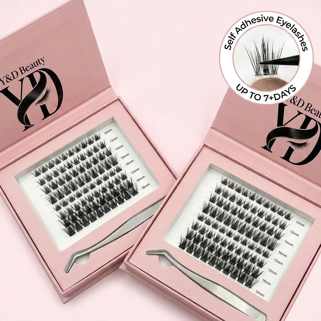 Private Label Handmade Synthetic Hair 3D Wispy Wholesale Natural Self Adhesive Bond Cluster Lashes Luxury Pink Box Custom Logo