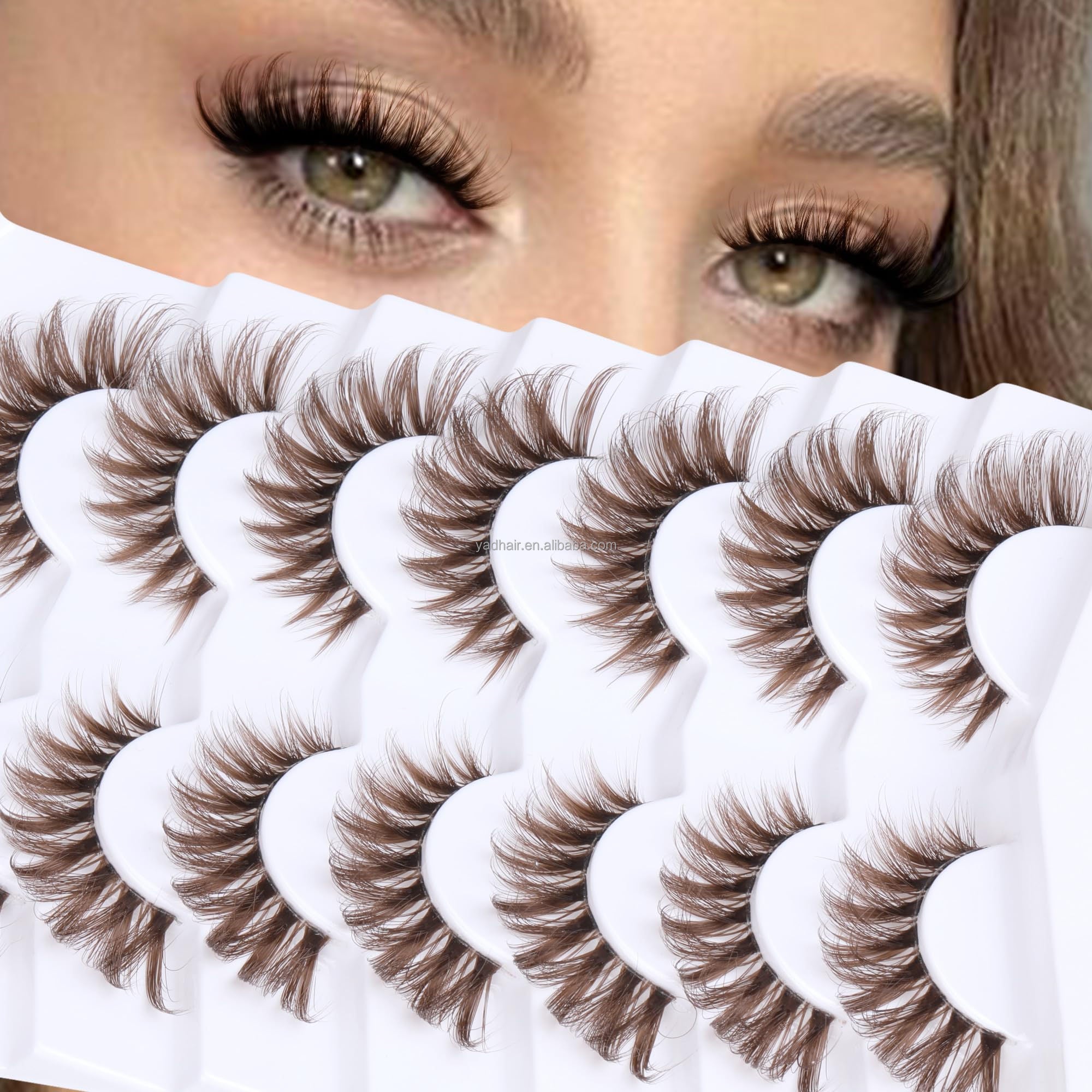 Wholesale Clear Band Full Strip Lashes 3D Plant Fiber Reusable CDCurl Brown Eyelashes Lightweight Natural Wispy CatEye