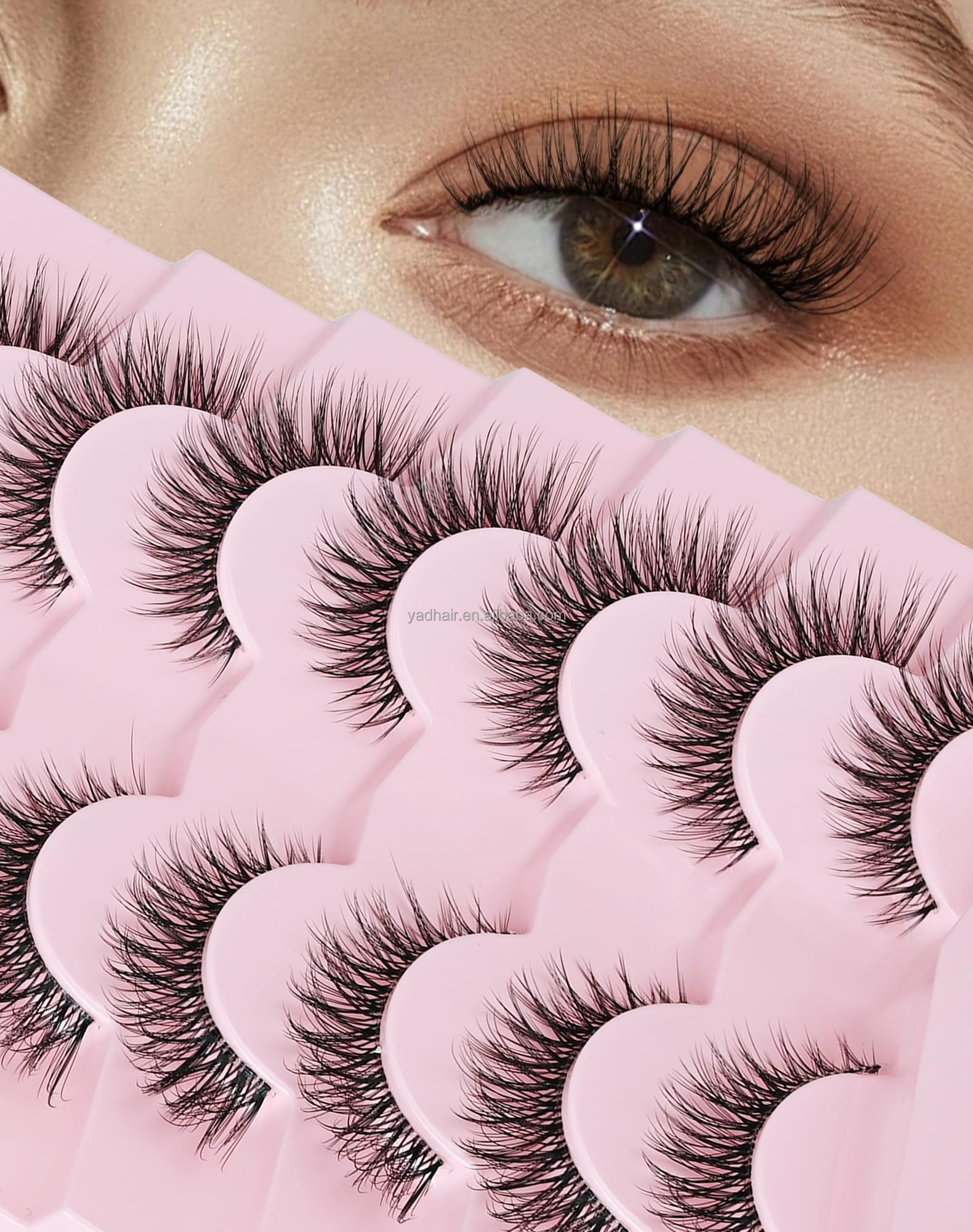 Wholesale Handmade Cruelty-Free Plant Fiber Cat Eye Lashes Clear Band Soft Wispy Natural Look 3D Strip False Eyelashes 7 Pairs