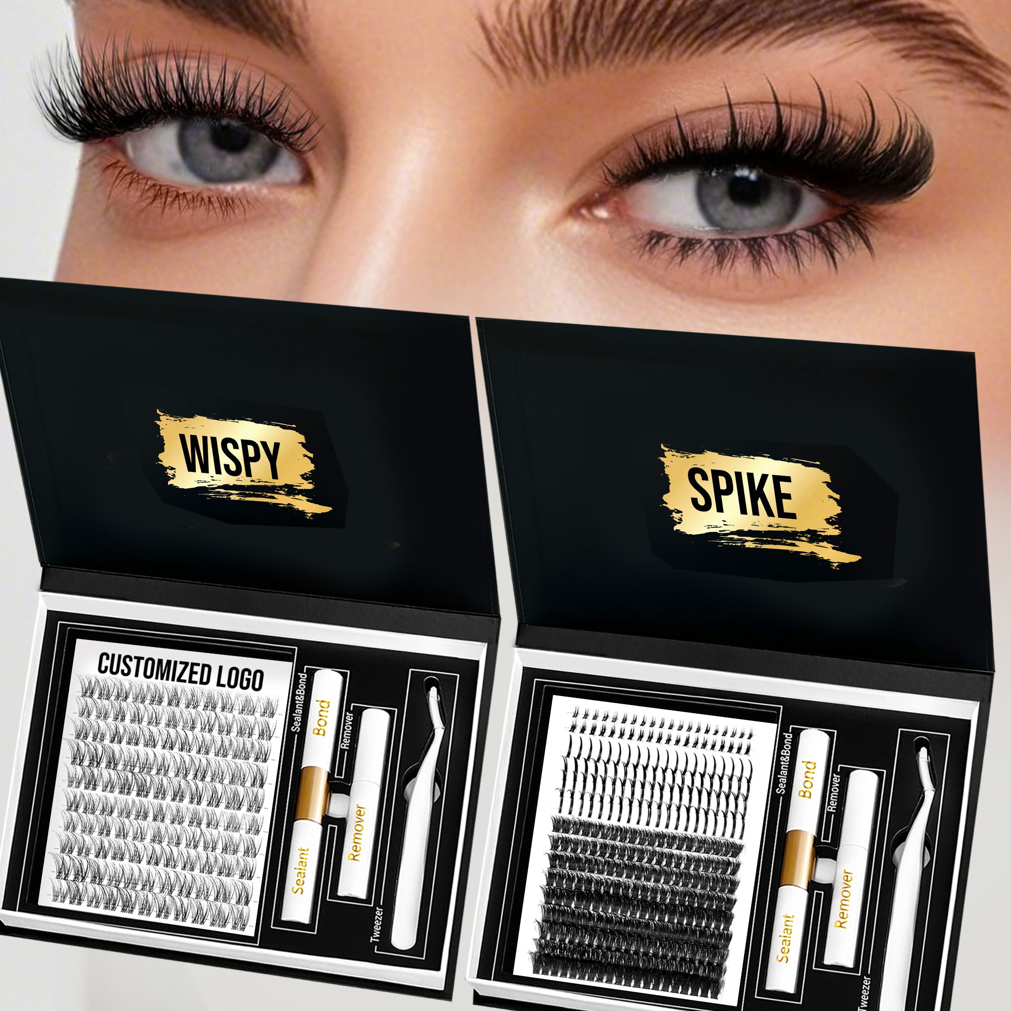 Wholesale Wispy Spikes Lash Clusters Kit With Bottom Custom logo CD Curl Natural Fluffy Diy Eyelash Clusters Manga Lash Clusters