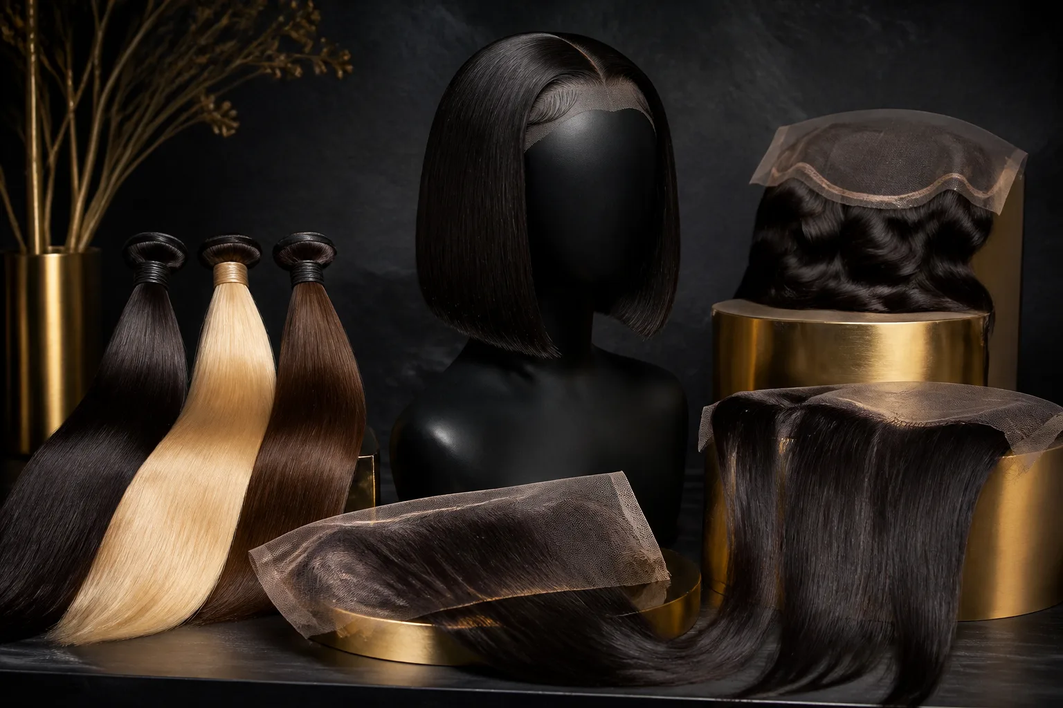Wig and hair sampling on a dark studio surface